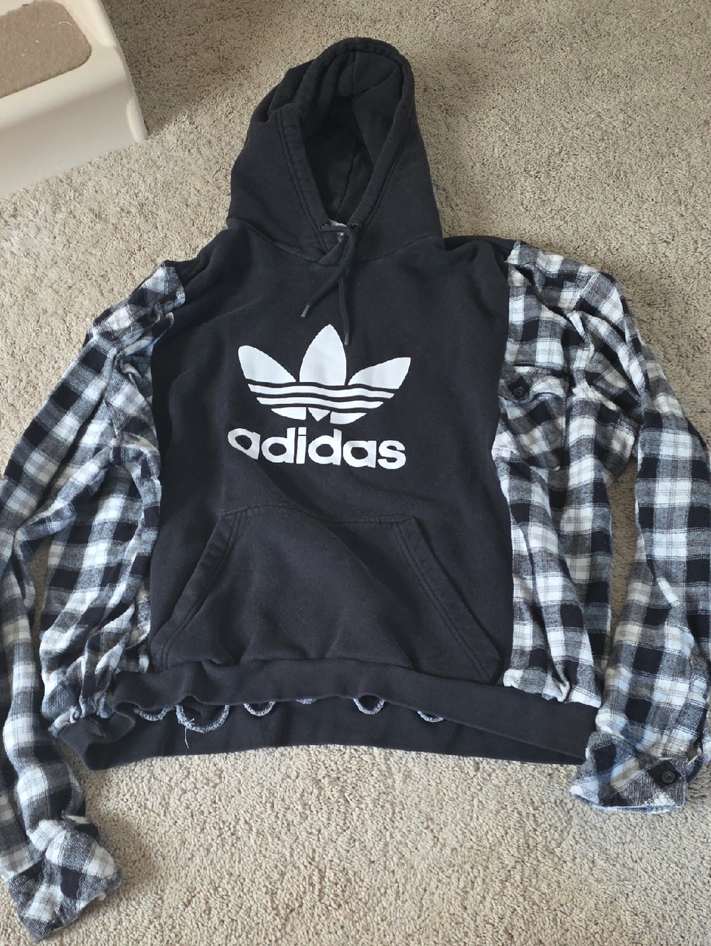 adidas Black Hoodie with Black & White Plaid Sleeves